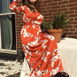 Vintage Henry Lee maxi 60s ABSTRACT Japanese crane swan belted mod retro gown ML